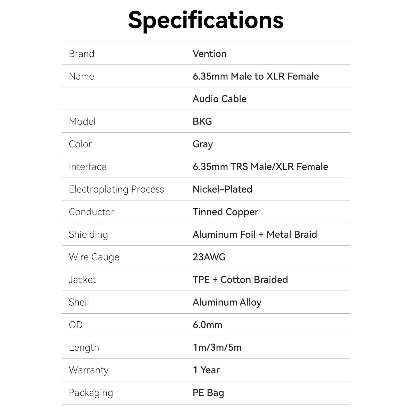 Vention AUDIO Cable - BKGHJ - 6.3mm to XLR M-F Cable Braided-Metal 5.0m — Buy in Cyprus with Fast Delivery