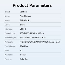 Buy Vention Charger Wall - FADB0-UK - 20W 1xUSBC Black in Cyprus, Nicosia, Limassol, Larnaka, Pafos