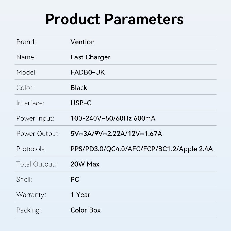 Buy Vention Charger Wall - FADB0-UK - 20W 1xUSBC Black in Cyprus, Nicosia, Limassol, Larnaka, Pafos