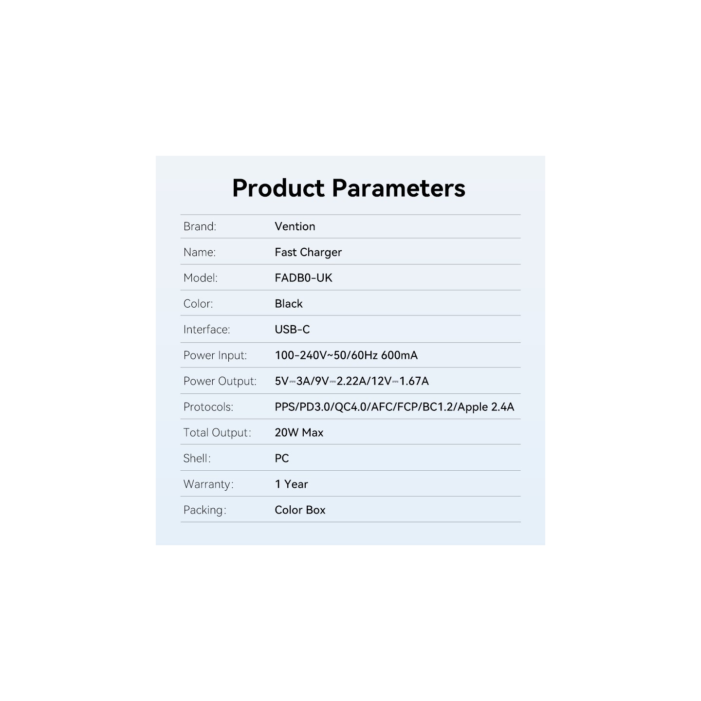 Vention Charger Wall - FADB0-UK - 20W 1xUSBC Black — Buy in Cyprus with Fast Delivery