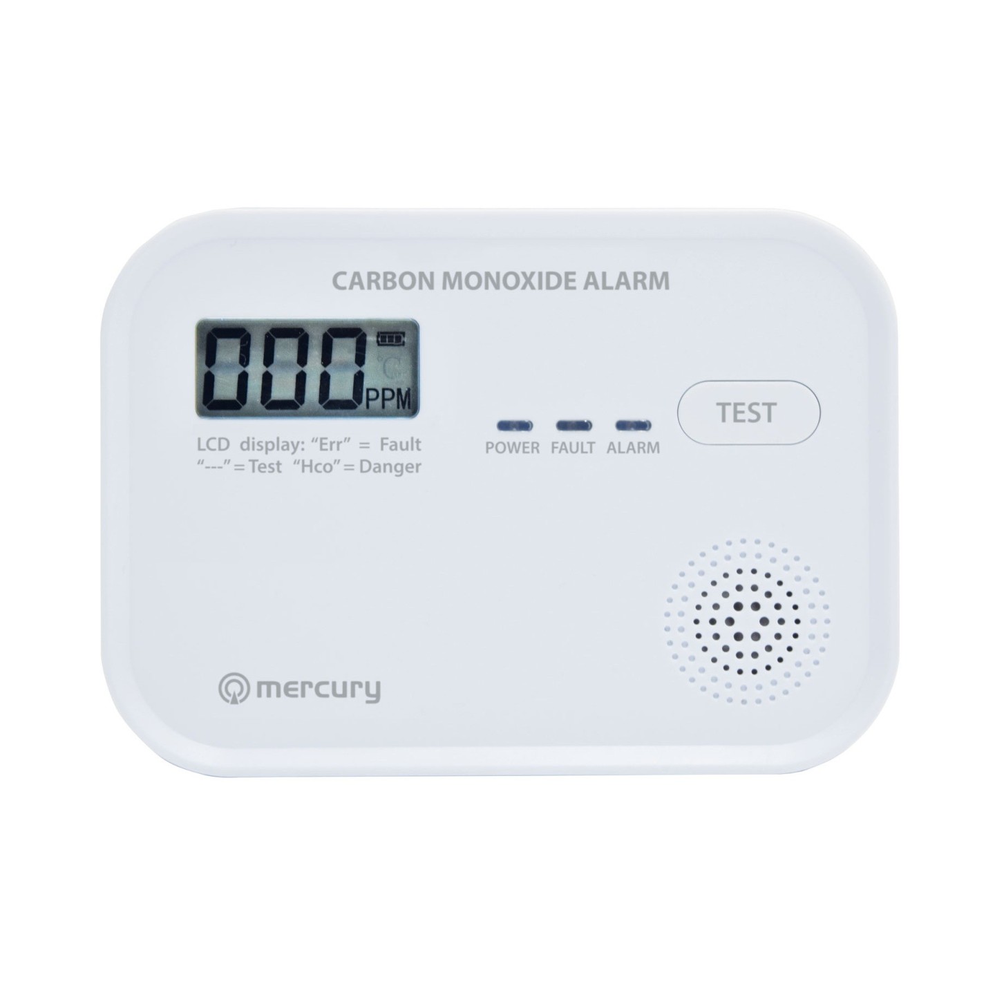 Mercury COD-218A Standalone Carbon Monoxide Alarm with LCD Display showing CO levels 350.139UK