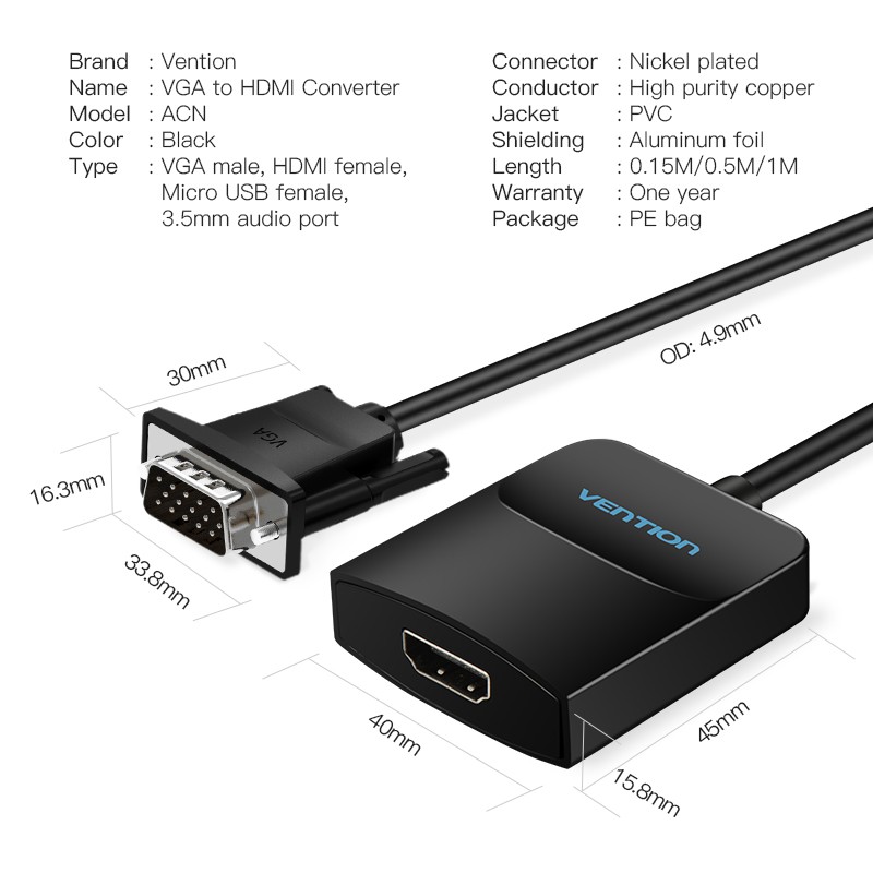 Buy Vention Converter VGA+Audio to HDMI & USB Power - ACNBD - 0.5m in Cyprus, Nicosia, Limassol, Larnaka, Pafos
