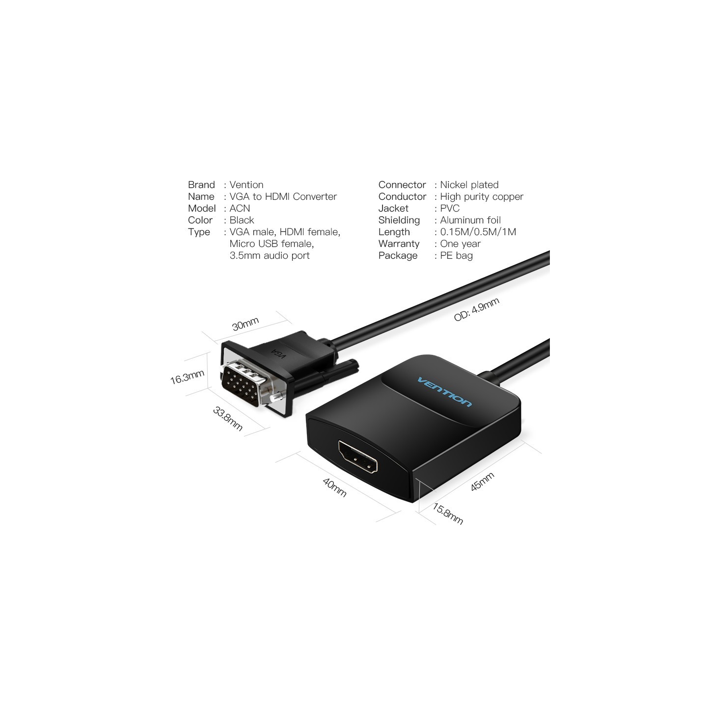 Vention Converter VGA+Audio to HDMI & USB Power - ACNBD - 0.5m — Buy in Cyprus with Fast Delivery