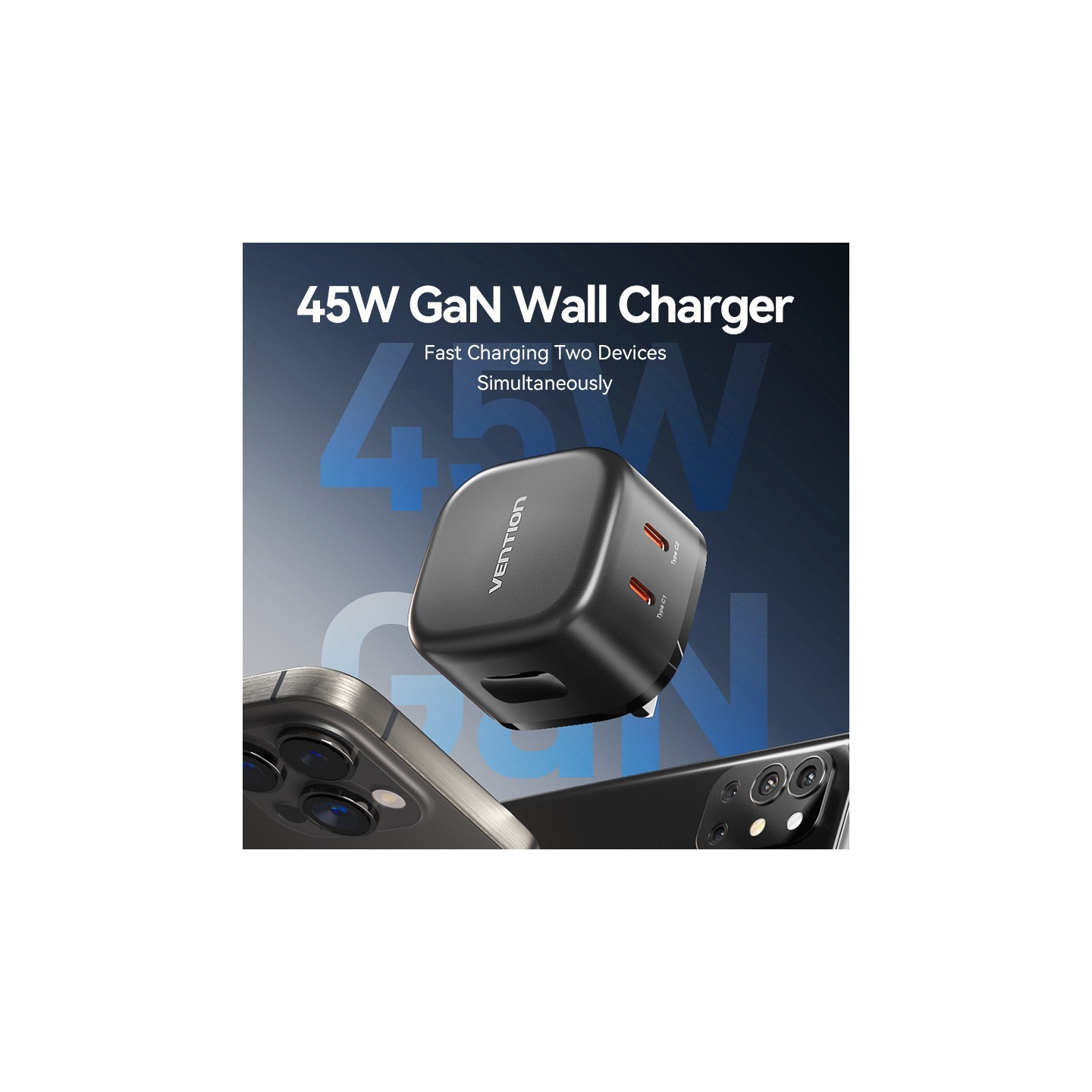 Vention Charger - FESB0-UK - Wall GaN 45W 2xUSBC Black — Buy in Cyprus with Fast Delivery