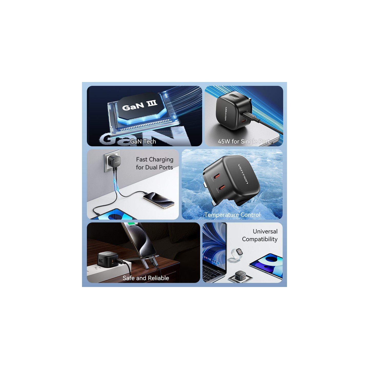 Vention Charger - FESB0-UK - Wall GaN 45W 2xUSBC Black — Buy in Cyprus with Fast Delivery