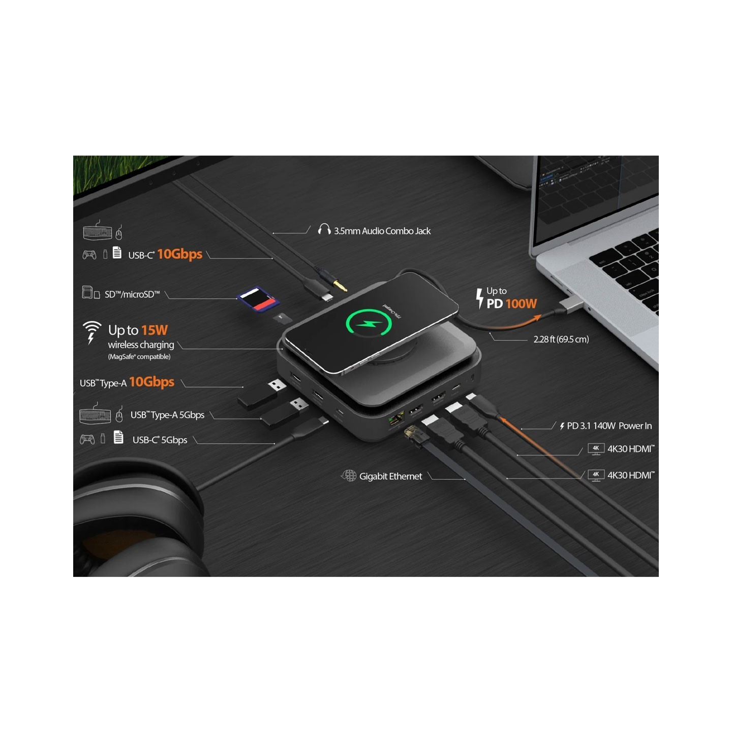 j5create Dock USB-C Dual Display 4K MST MacBookM3 HDMI RJ45 SD USB PD + Wireless Charger + 140W PSU UK JCD3199P