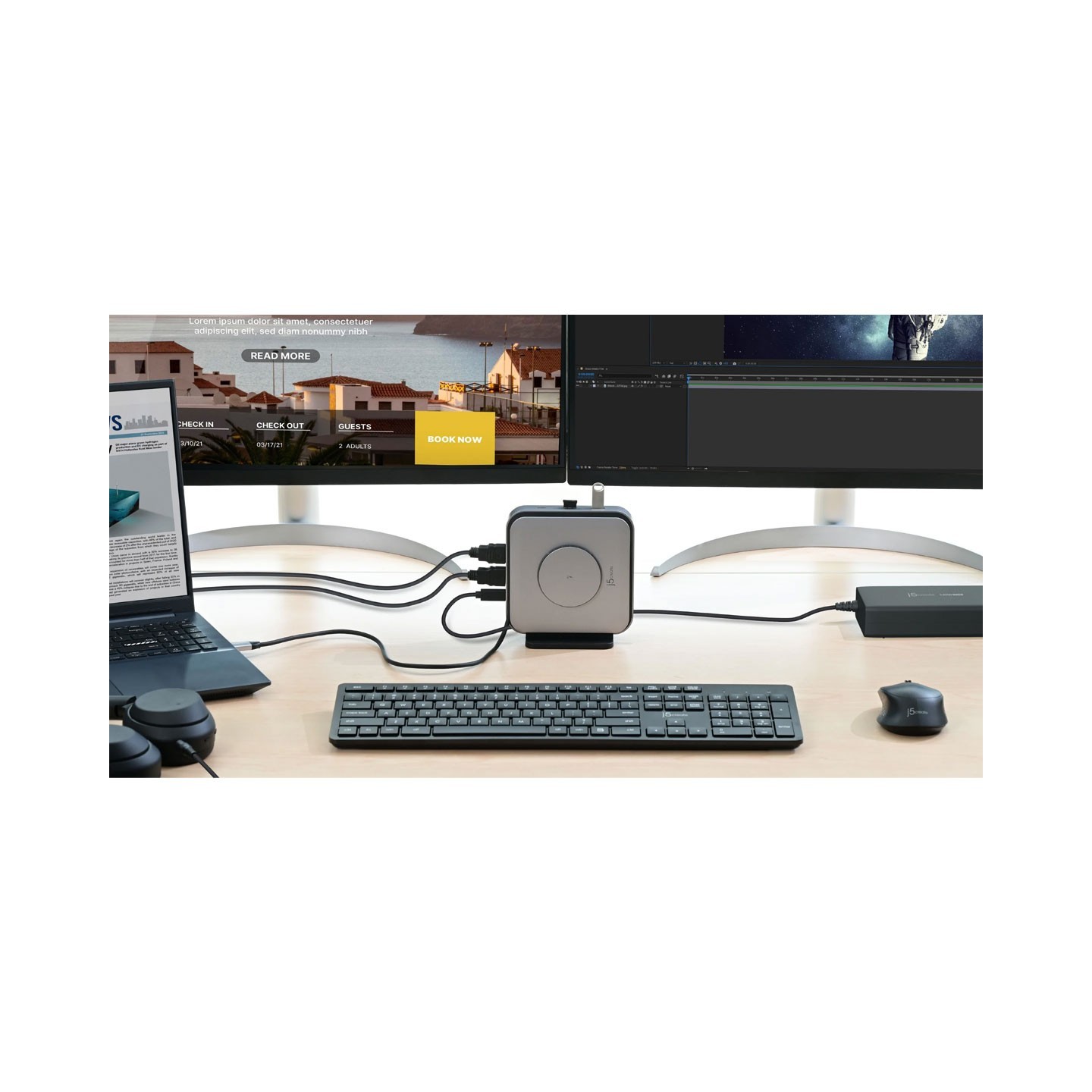 j5create Dock USB-C Dual Display 4K MST MacBookM3 HDMI RJ45 SD USB PD + Wireless Charger + 140W PSU UK JCD3199P