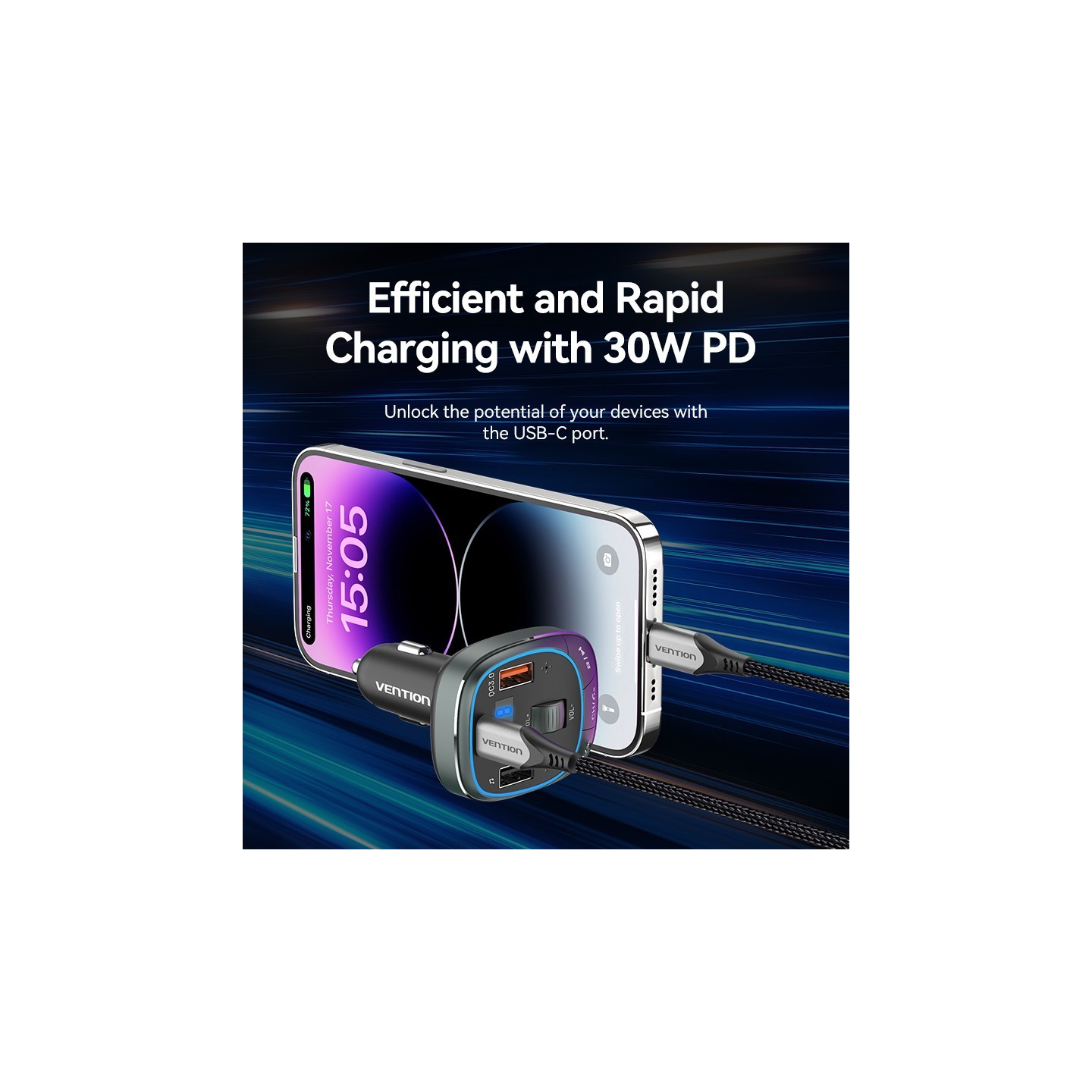 Vention Car FM Transmitter, USB Music Player & Charger - FFLB0 - 3xUSB 30W 18W 5W — Buy in Cyprus with Fast Delivery