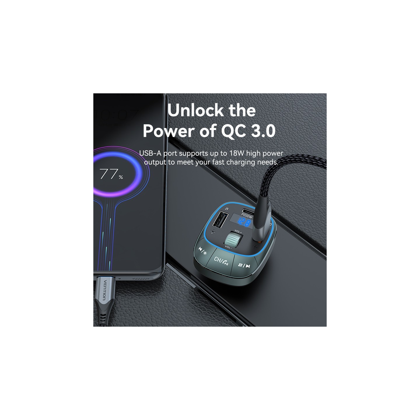 Vention Car FM Transmitter, USB Music Player & Charger - FFLB0 - 3xUSB 30W 18W 5W — Buy in Cyprus with Fast Delivery