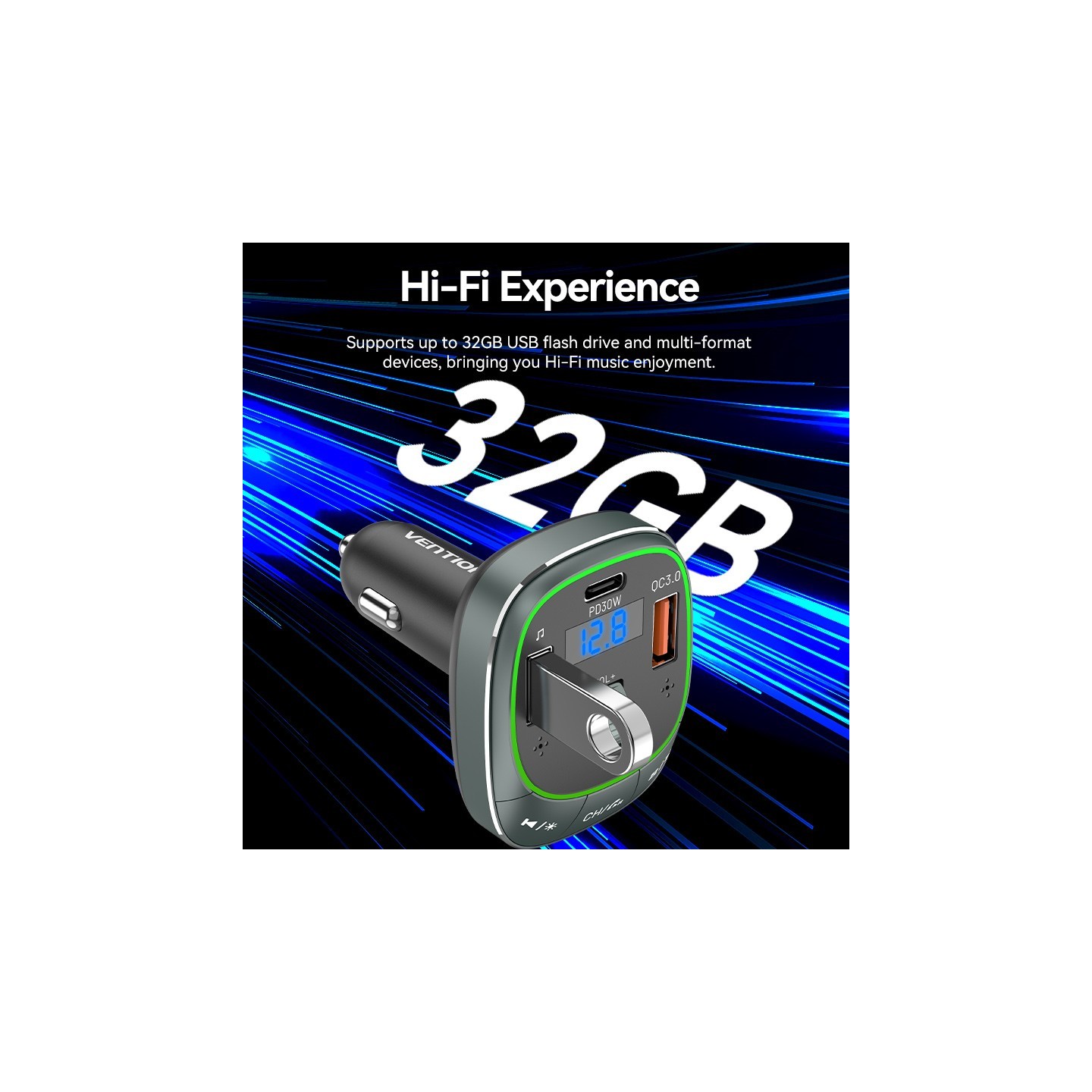 Vention Car FM Transmitter, USB Music Player & Charger - FFLB0 - 3xUSB 30W 18W 5W — Buy in Cyprus with Fast Delivery