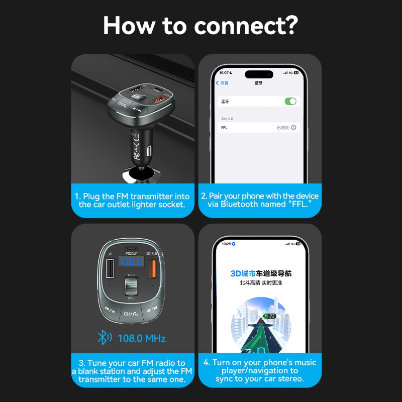 Buy Vention Car FM Transmitter, USB Music Player & Charger - FFLB0 - 3xUSB 30W 1... in Cyprus, Nicosia, Limassol, Larnaka, Pafos