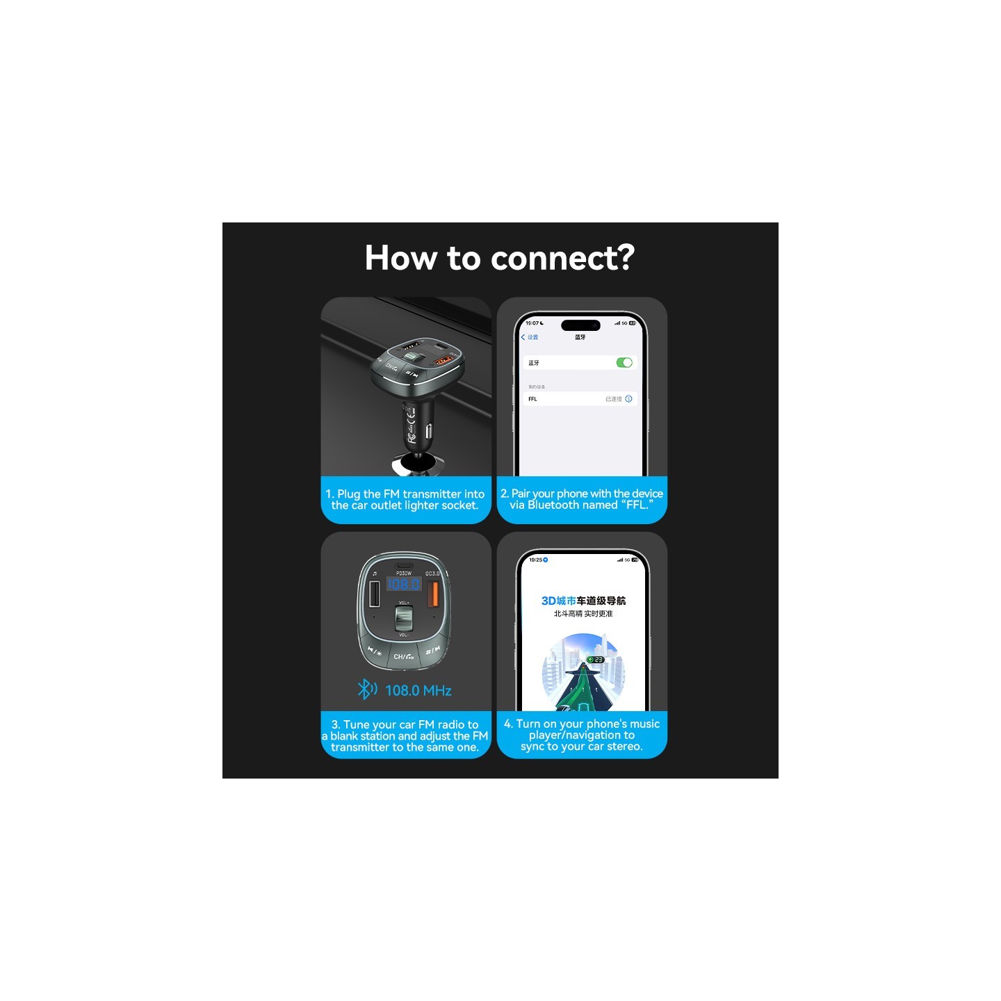 Vention Car FM Transmitter, USB Music Player & Charger - FFLB0 - 3xUSB 30W 18W 5W — Buy in Cyprus with Fast Delivery