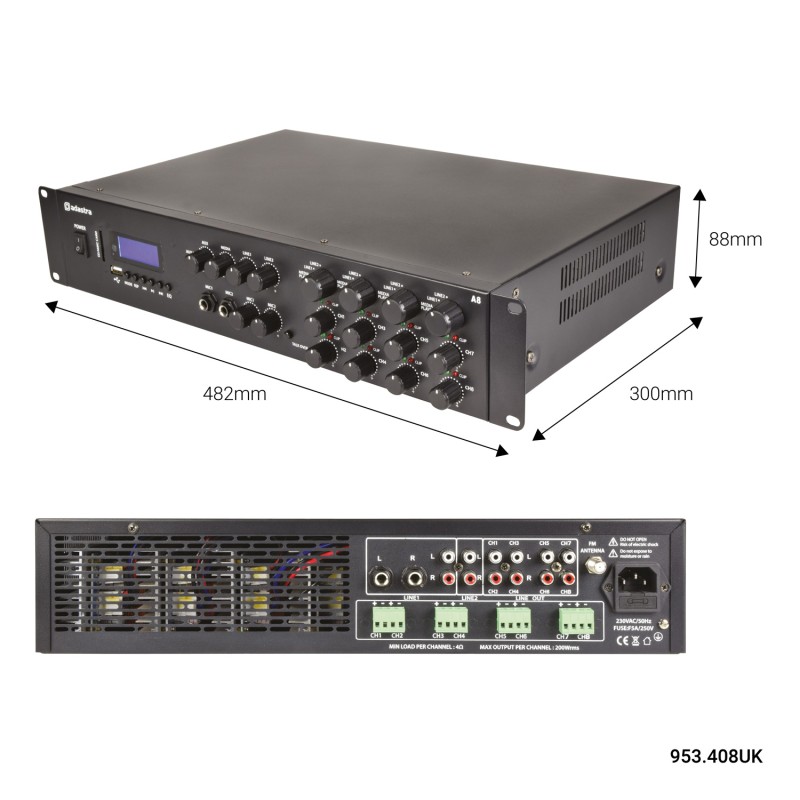 Buy Adastra A8 4 x Independent Stereo Zones Amplfier - 953.408UK - 8x200W USB BT FM in Cyprus, Nicosia, Limassol, Larnaka, Pafos
