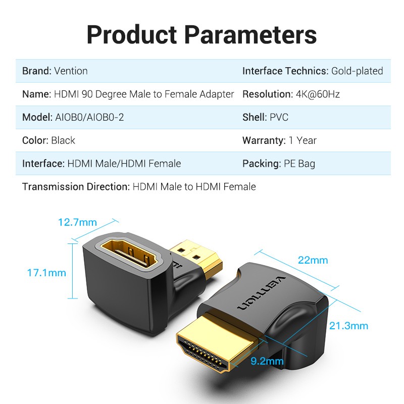 Buy Vention HDMI Right Angle Adaptor Male to Female 90 Degree 4K60Hz AIOB0 in Cyprus, Nicosia, Limassol, Larnaka, Pafos