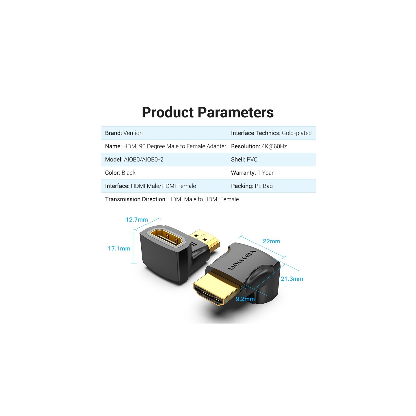 Vention HDMI Right Angle Adaptor Male to Female 90 Degree 4K60Hz AIOB0 — Buy in Cyprus with Fast Delivery