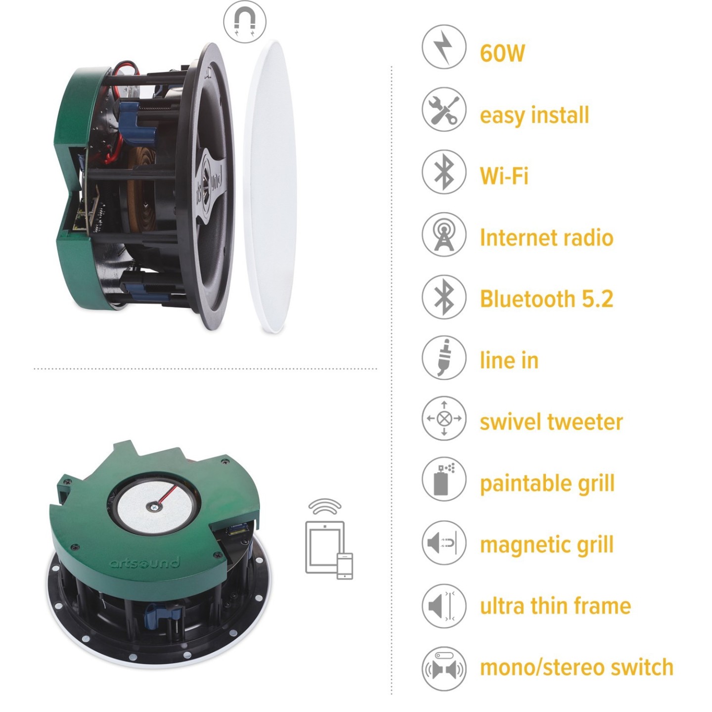 Artsound SMART IN - WiFi Multiroom Active Ceiling Speaker (single) — Buy in Cyprus with Fast Delivery