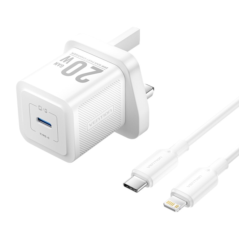 Buy Vention Charger Wall GaN 20W - FEPW0 - 1xUSBC UK+Lightning Cable White in Cyprus, Nicosia, Limassol, Larnaka, Pafos