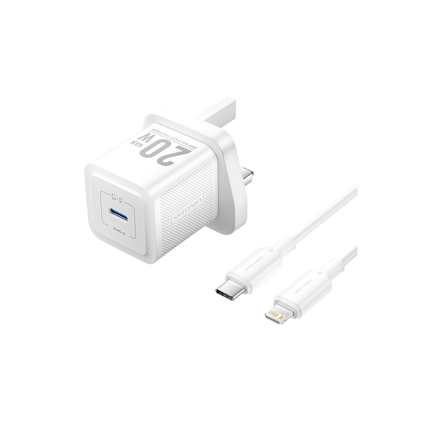 Vention Charger Wall GaN 20W - FEPW0 - 1xUSBC UK+Lightning Cable White — Buy in Cyprus with Fast Delivery