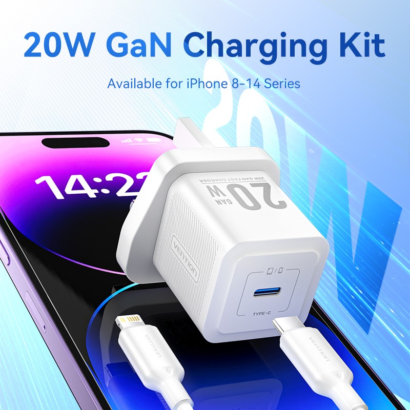 Buy Vention Charger Wall GaN 20W - FEPW0 - 1xUSBC UK+Lightning Cable White in Cyprus, Nicosia, Limassol, Larnaka, Pafos