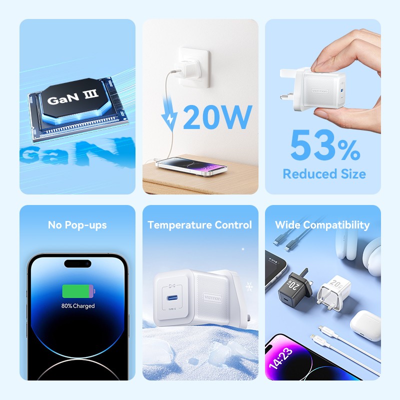 Buy Vention Charger Wall GaN 20W - FEPW0 - 1xUSBC UK+Lightning Cable White in Cyprus, Nicosia, Limassol, Larnaka, Pafos