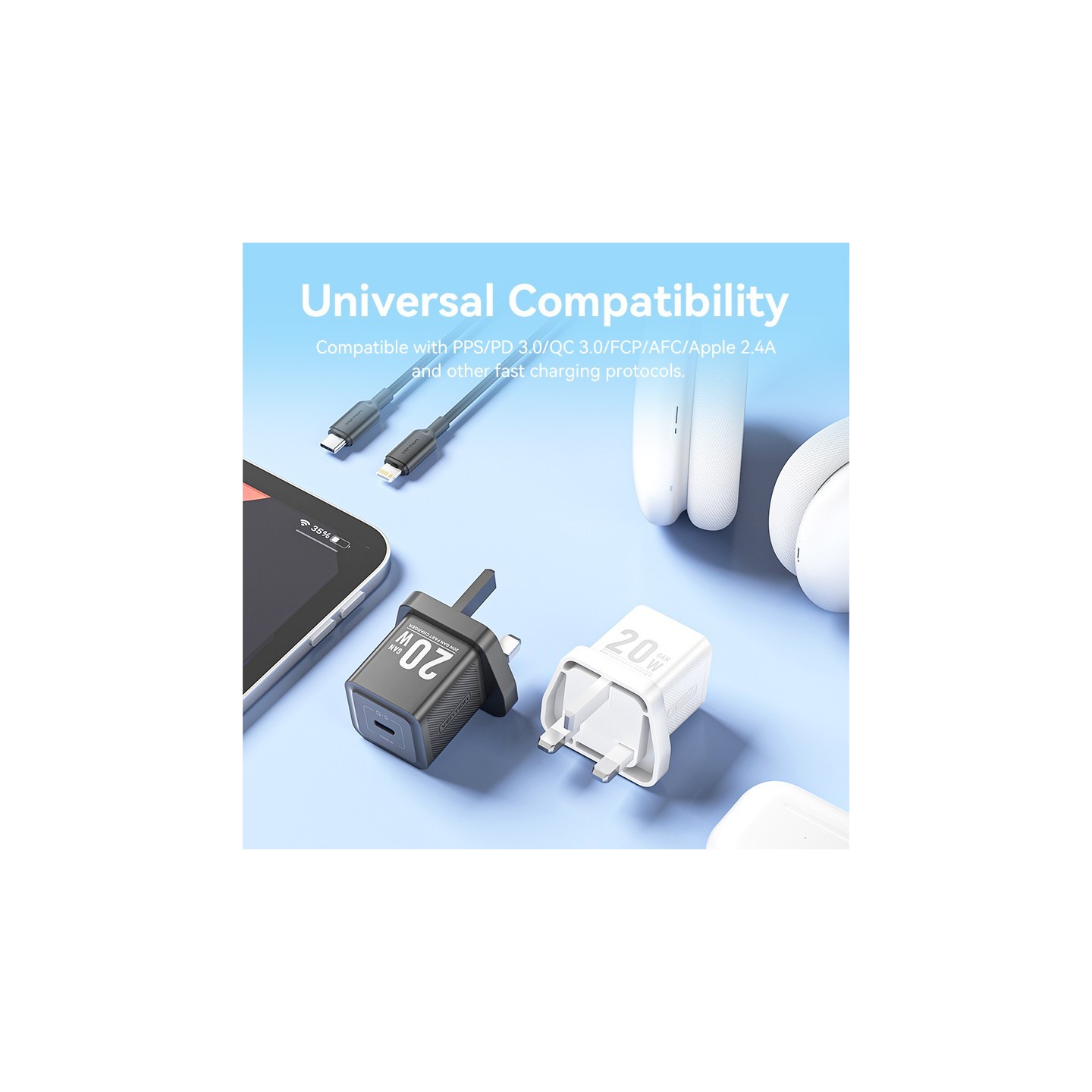 Vention Charger Wall GaN 20W - FEPW0 - 1xUSBC UK+Lightning Cable White — Buy in Cyprus with Fast Delivery