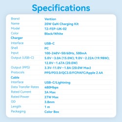 Buy Vention Charger Wall GaN 20W - FEPW0 - 1xUSBC UK+Lightning Cable White in Cyprus, Nicosia, Limassol, Larnaka, Pafos