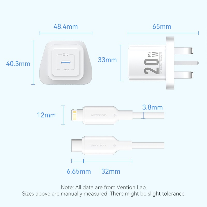 Buy Vention Charger Wall GaN 20W - FEPW0 - 1xUSBC UK+Lightning Cable White in Cyprus, Nicosia, Limassol, Larnaka, Pafos
