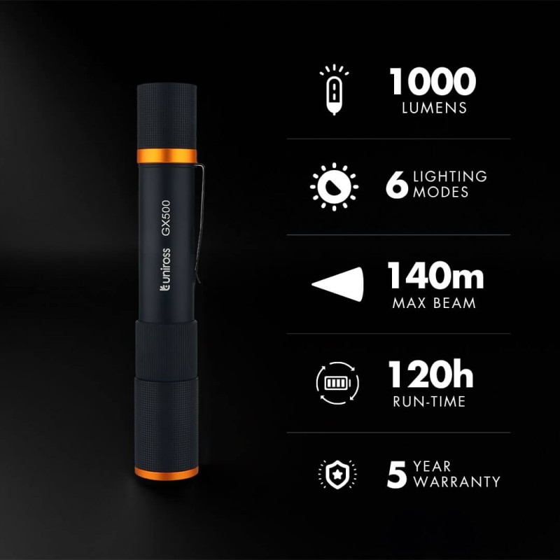 Buy Uniross USB Rechargeable Torch - GX500 - IP44 Waterproof Aluminium 1000 lume... in Cyprus, Nicosia, Limassol, Larnaka, Pafos