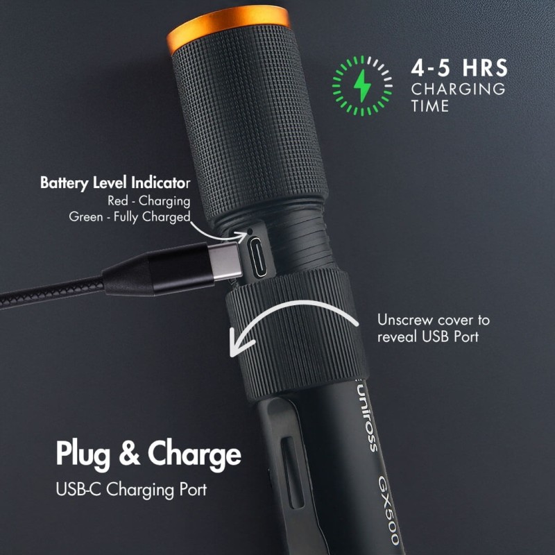 Buy Uniross USB Rechargeable Torch - GX500 - IP44 Waterproof Aluminium 1000 lume... in Cyprus, Nicosia, Limassol, Larnaka, Pafos