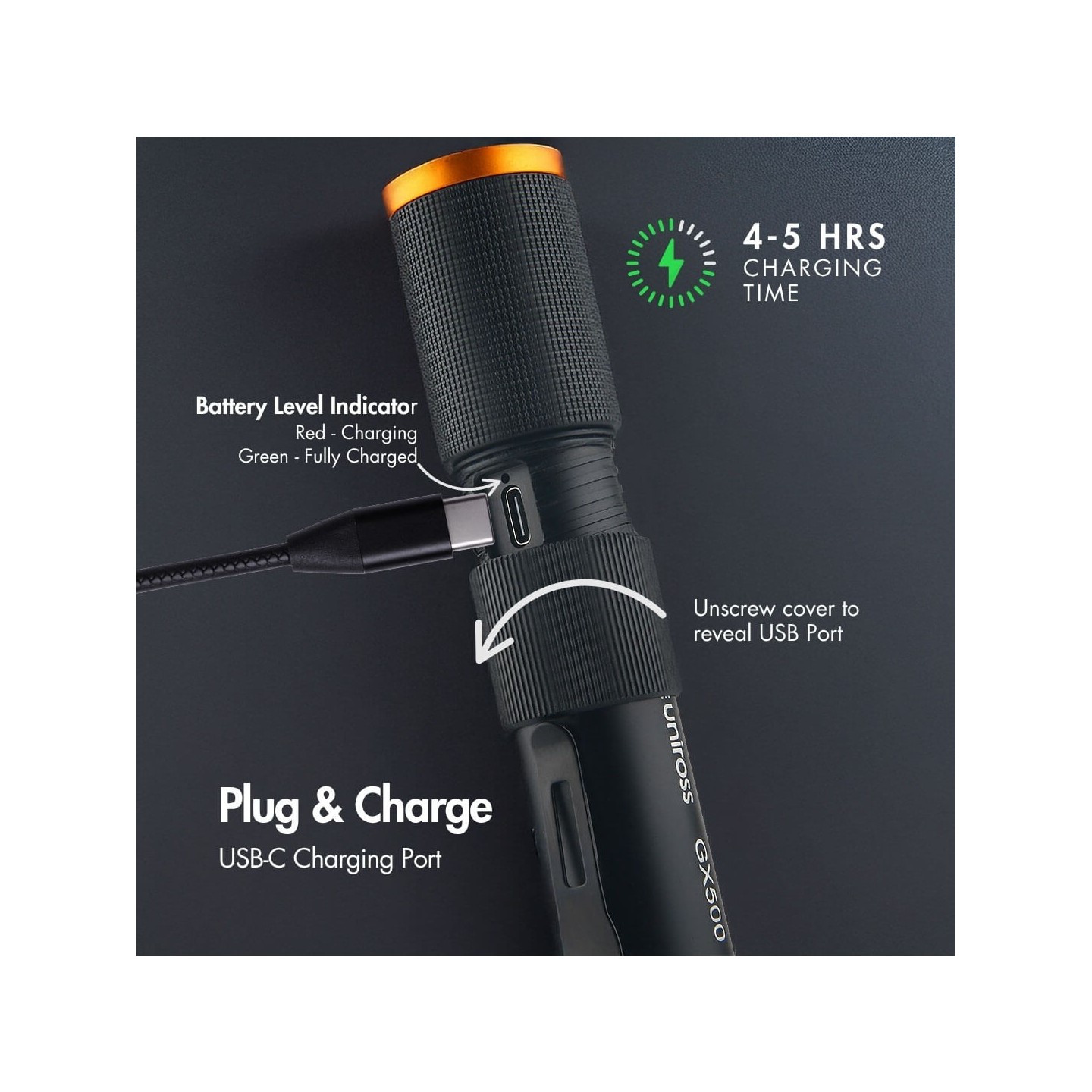 Uniross USB Rechargeable Torch - GX500 - IP44 Waterproof Aluminium 1000 lumens 140m Beam 120hrs Battery