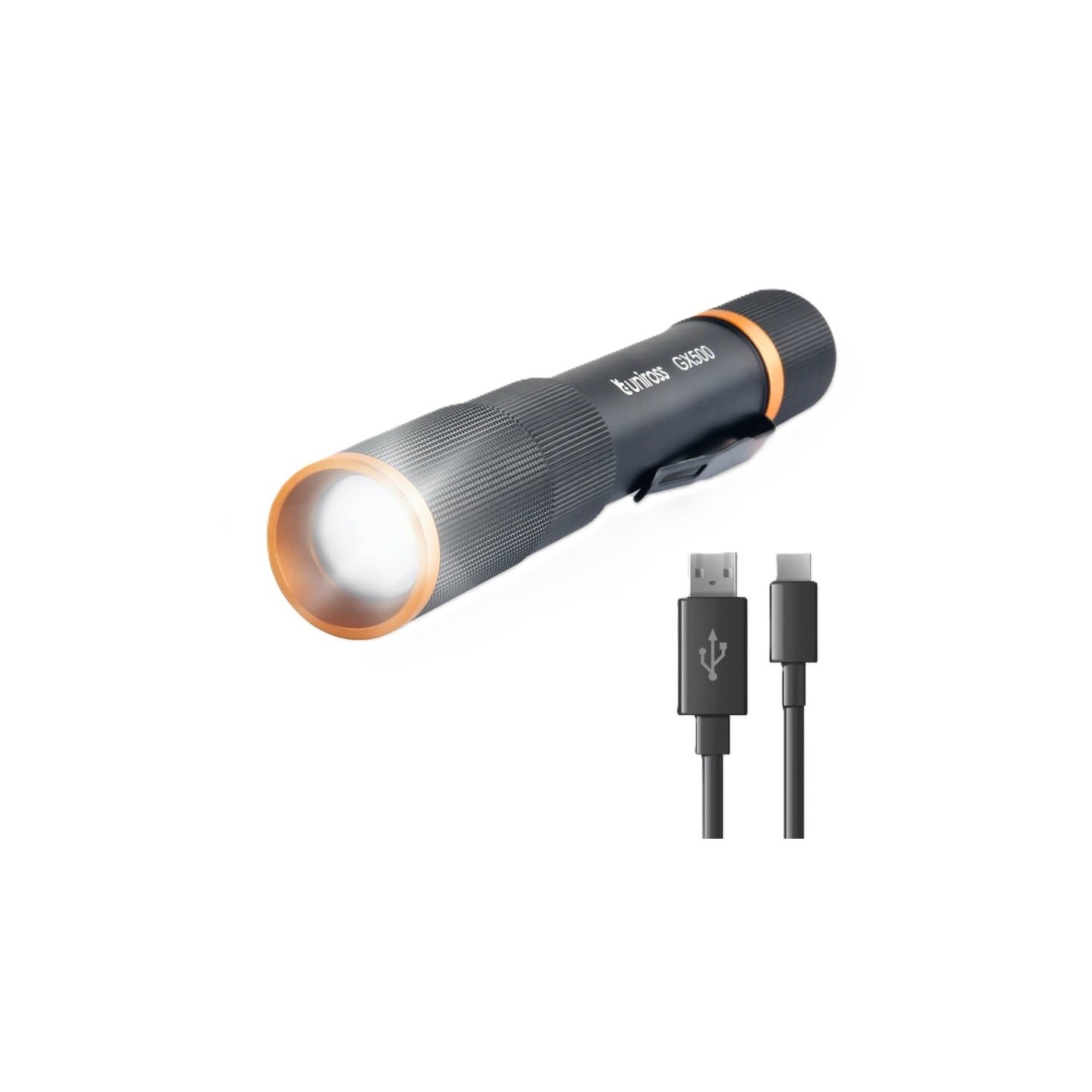 Uniross USB Rechargeable Torch - GX500 - IP44 Waterproof Aluminium 1000 lumens 140m Beam 120hrs Battery