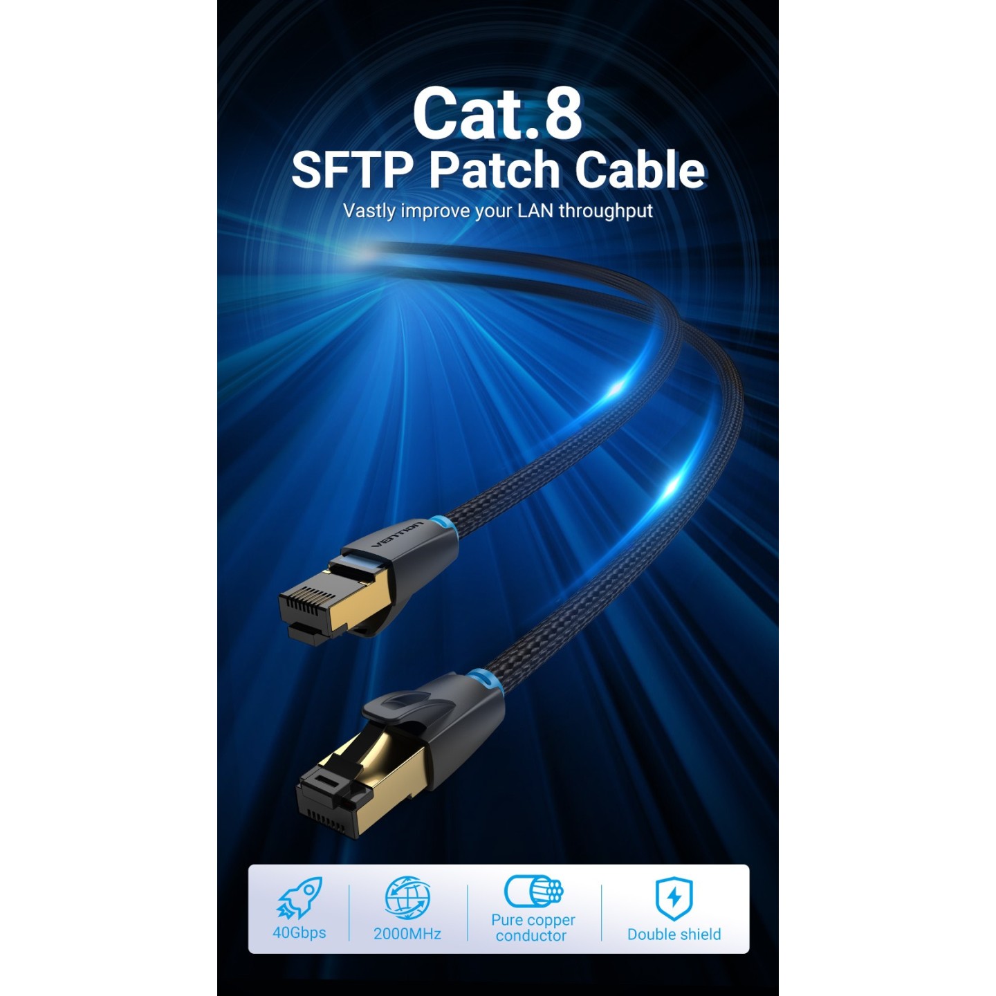 Vention Network Cable - IKGBI - CAT8 SFTP Braided 3.0m Black — Buy in Cyprus with Fast Delivery