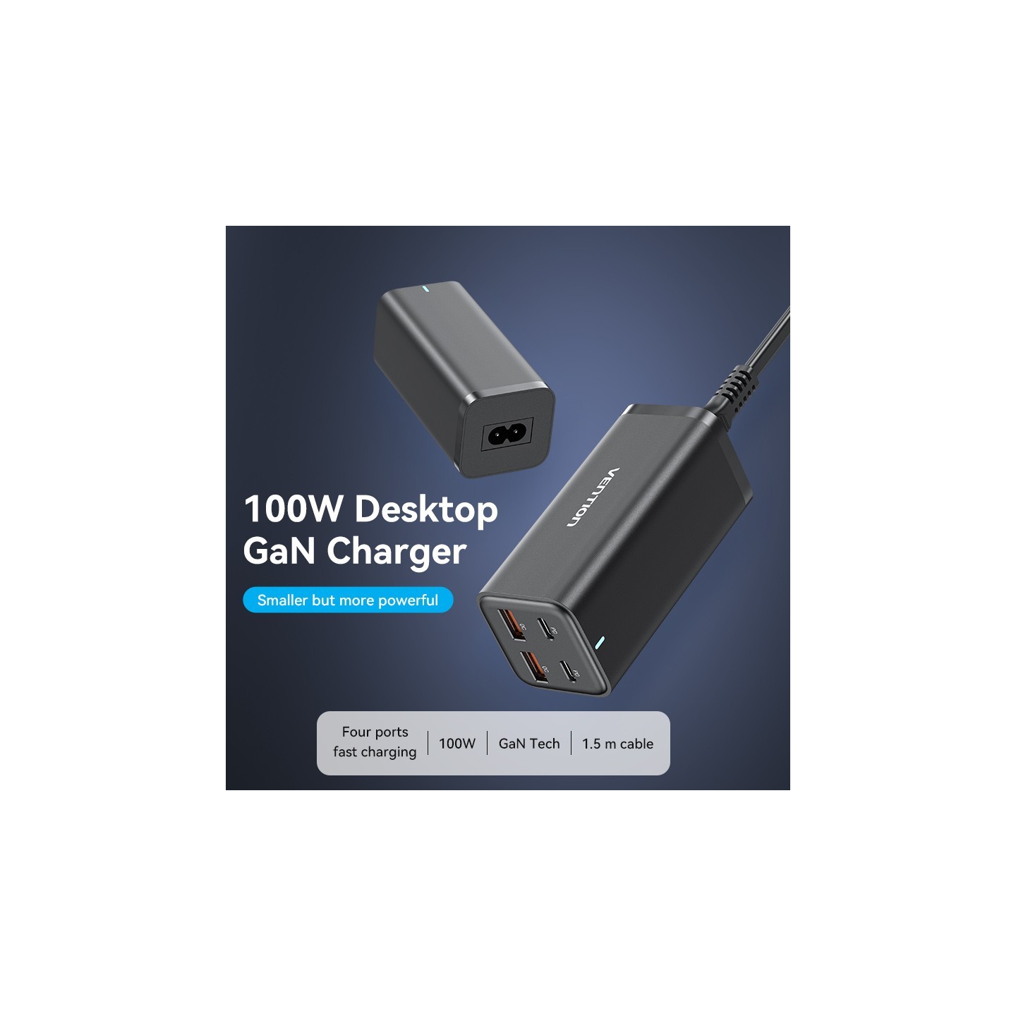 Vention Charger Desktop Station 100W 2xC 2xA+240W Cable Black - FBSBG-UK - 100W 2xC 2xA+240W Cable Black