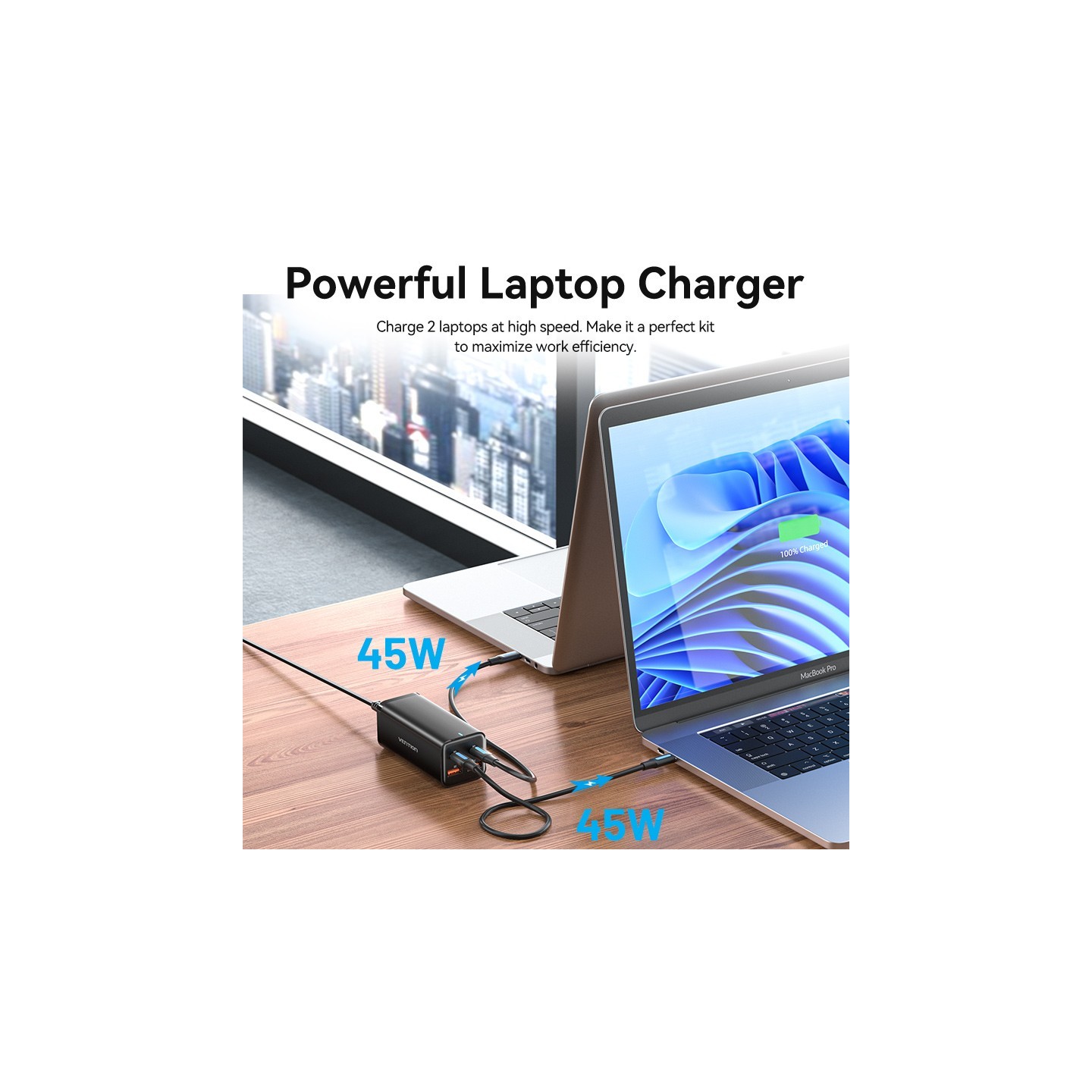 Vention Charger Desktop Station 100W 2xC 2xA+240W Cable Black - FBSBG-UK - 100W 2xC 2xA+240W Cable Black