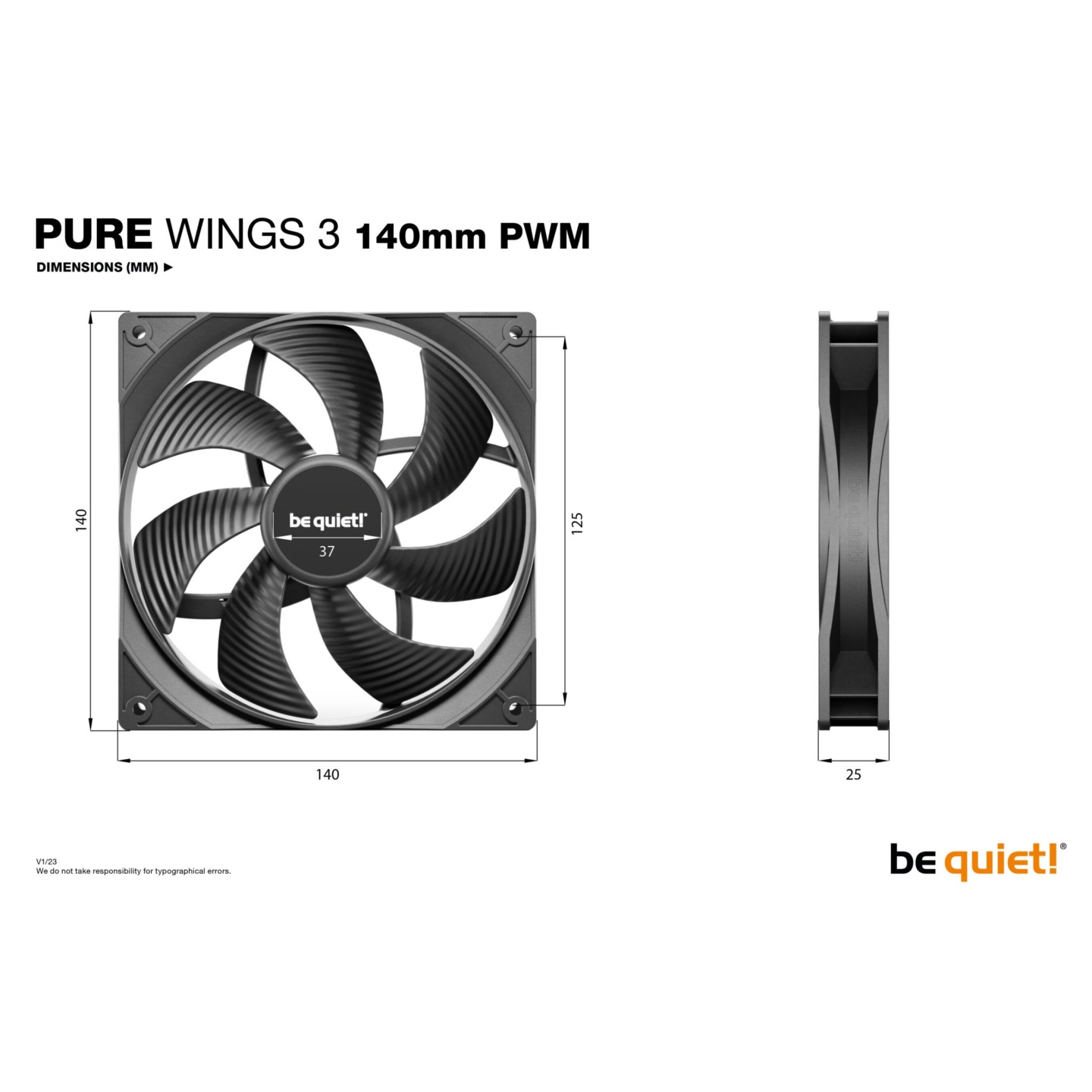 Be Quiet! Pure Wings 3 PWM 140mm BL108 - Black Case Fan, 25mm, Sleeve Bearing, 1200 RPM (Boxed)