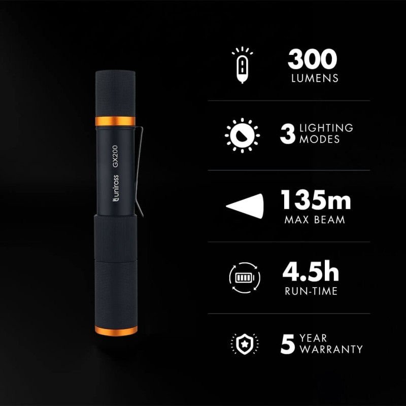 Buy Uniross USB Rechargeable Torch - GX200 - IP44 Waterproof Aluminium 300 lumen... in Cyprus, Nicosia, Limassol, Larnaka, Pafos