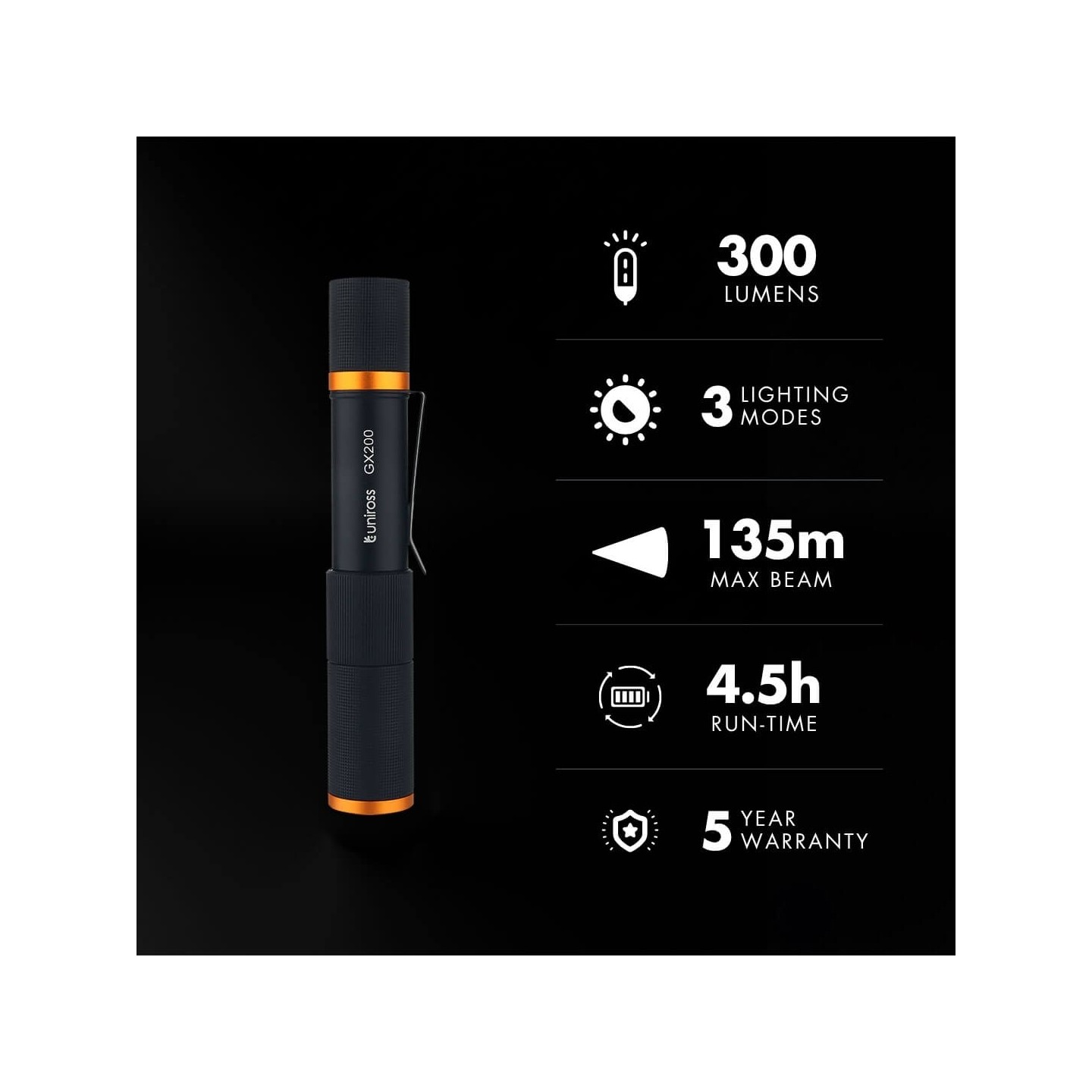 Uniross USB Rechargeable Torch - GX200 - IP44 Waterproof Aluminium 300 lumens 135m Beam — Buy in Cyprus with Fast Delivery