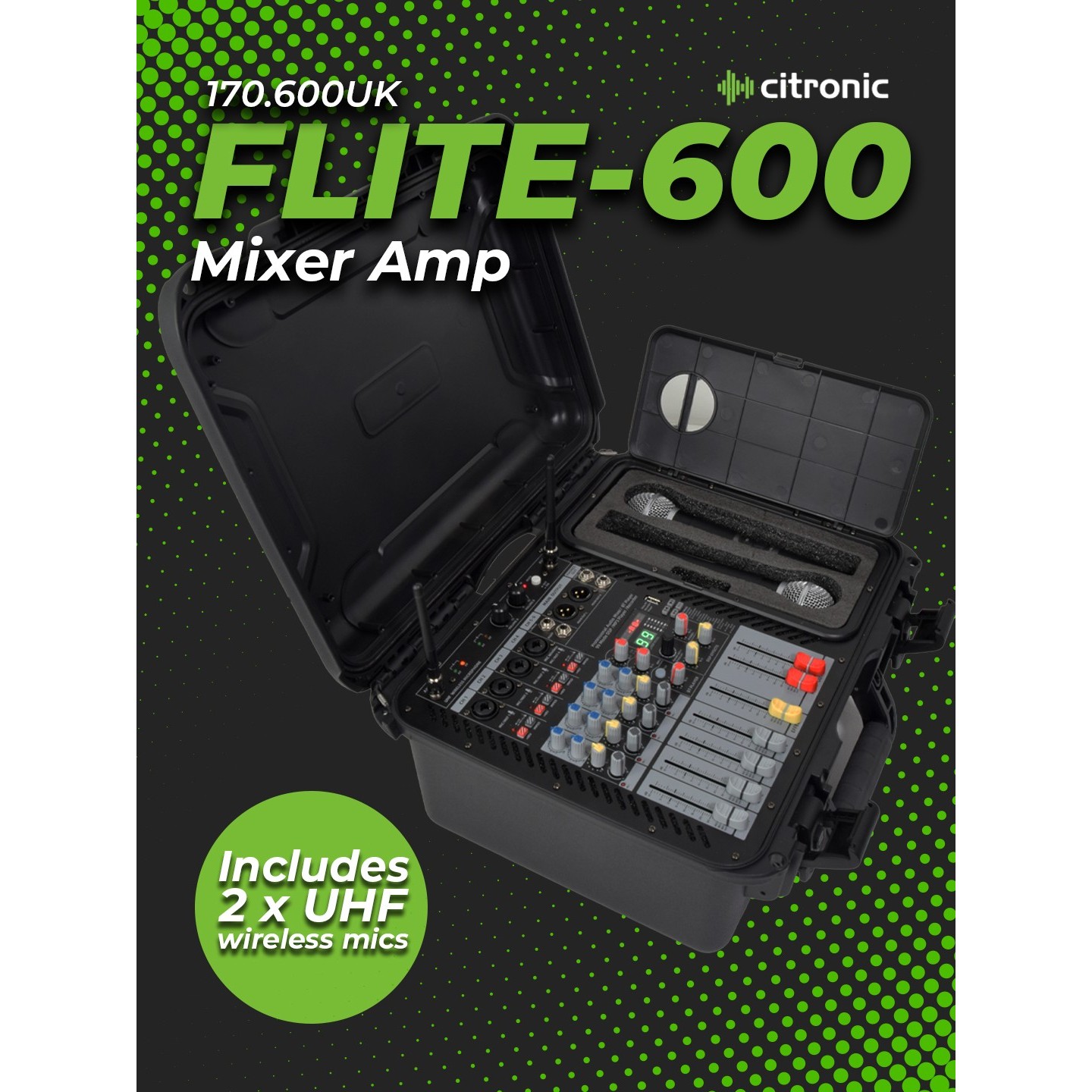 Citronic FLITE-600 Portable Amplified Mixer - 170.600UK - Portable Amplified Mixer 600W with 2xUHF Mics & DSP