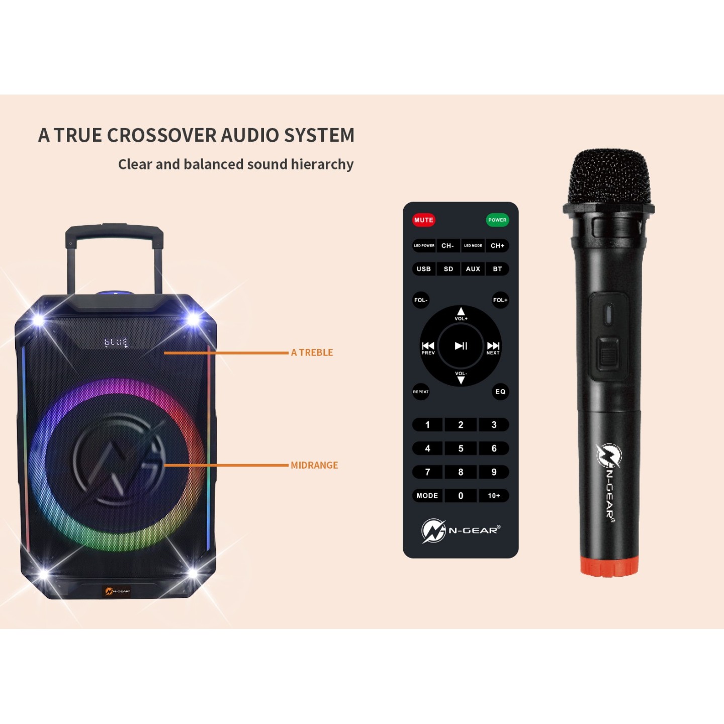 N-Gear Karaoke Speaker - FLASH1040 - 10'' Portable Karaoke Speaker with 1x Wireless Mic LED Lights USB & BT