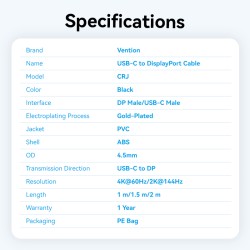 Buy Vention Converter USB-C to DisplayPort Cable - CRJBF - USB-C to DisplayPort ... in Cyprus, Nicosia, Limassol, Larnaka, Pafos