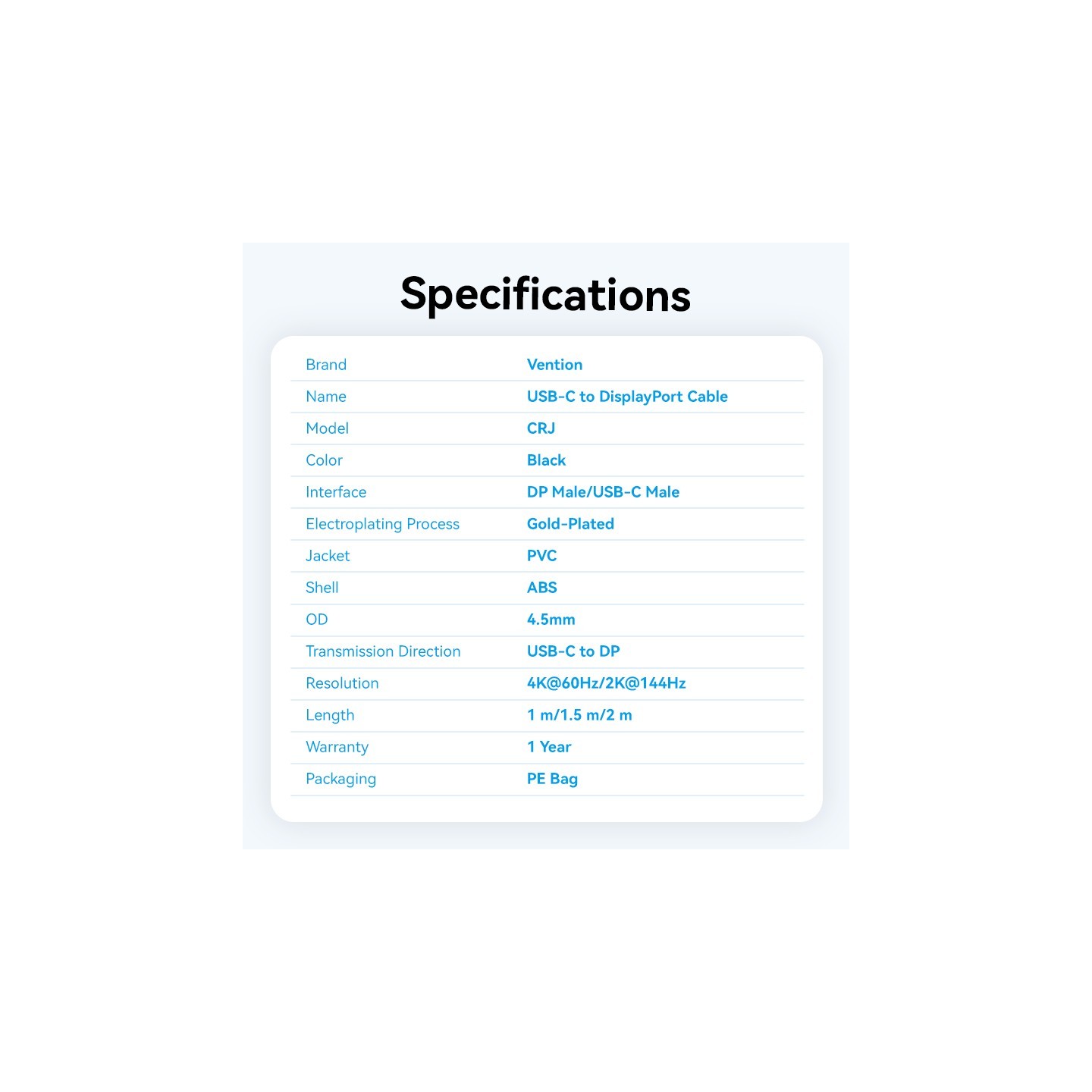 Vention Converter USB-C to DisplayPort Cable - CRJBF - USB-C to DisplayPort Cable 4K60Hz 1.0m