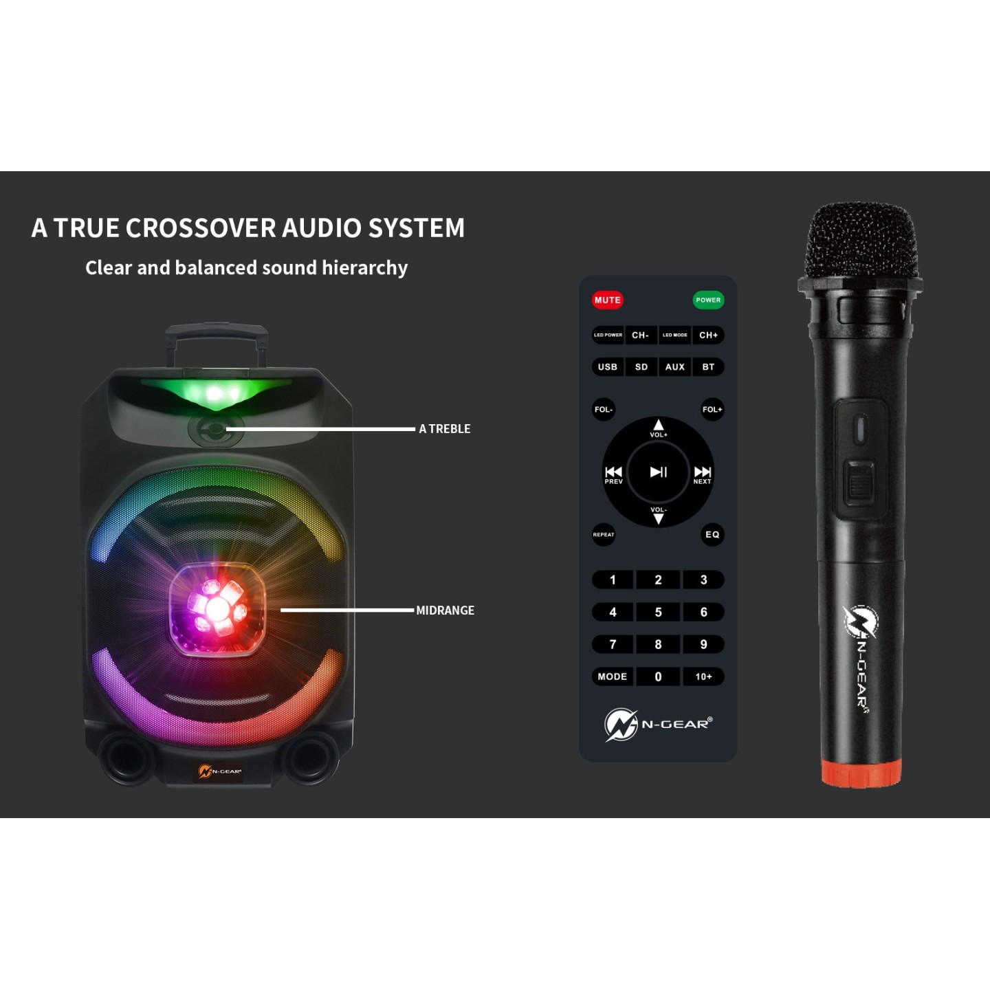 N-Gear - FLASH1550 - 15'' Portable Karaoke Disco Speaker with Wireless Mic BT USB & LED Effects
