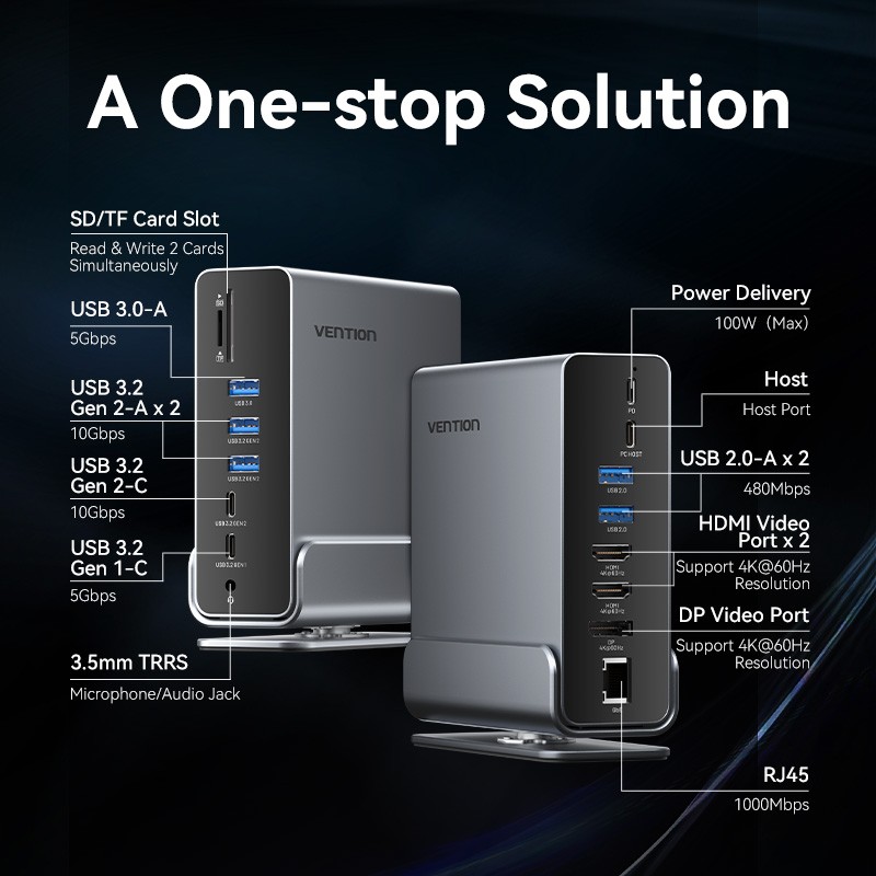 Buy Vention HUB USB-C 8xUSB 2xHDMI DP MST RJ45 SD 3.5mm PD - TPUH0 -  in Cyprus, Nicosia, Limassol, Larnaka, Pafos