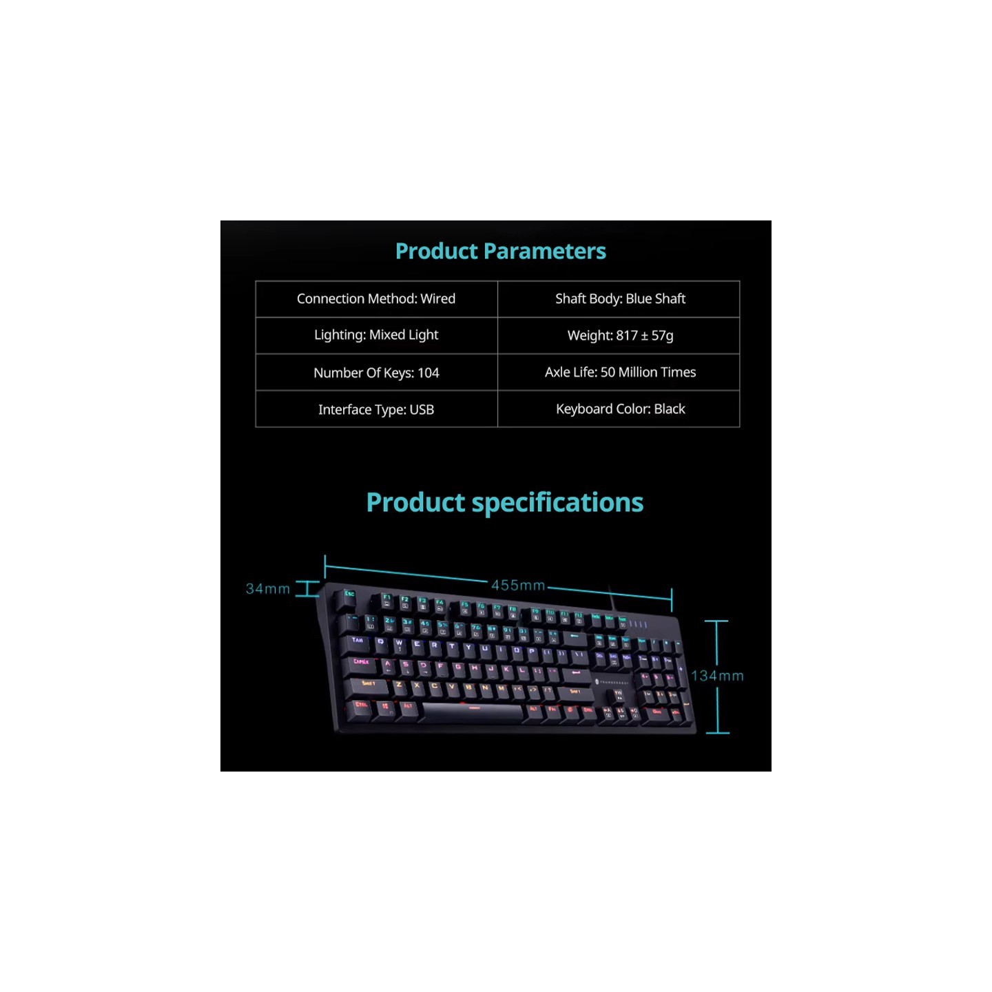 Thunderobot K104 Wired Mechanical Keyboard 104-Key Blue Switch RGB (Boxed) — Buy in Cyprus with Fast Delivery
