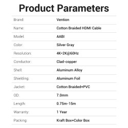 Buy Vention HDMI Cable - AABIH - HDMI Cable 2.0 4K60Hz Braided 2.0m Silver in Cyprus, Nicosia, Limassol, Larnaka, Pafos