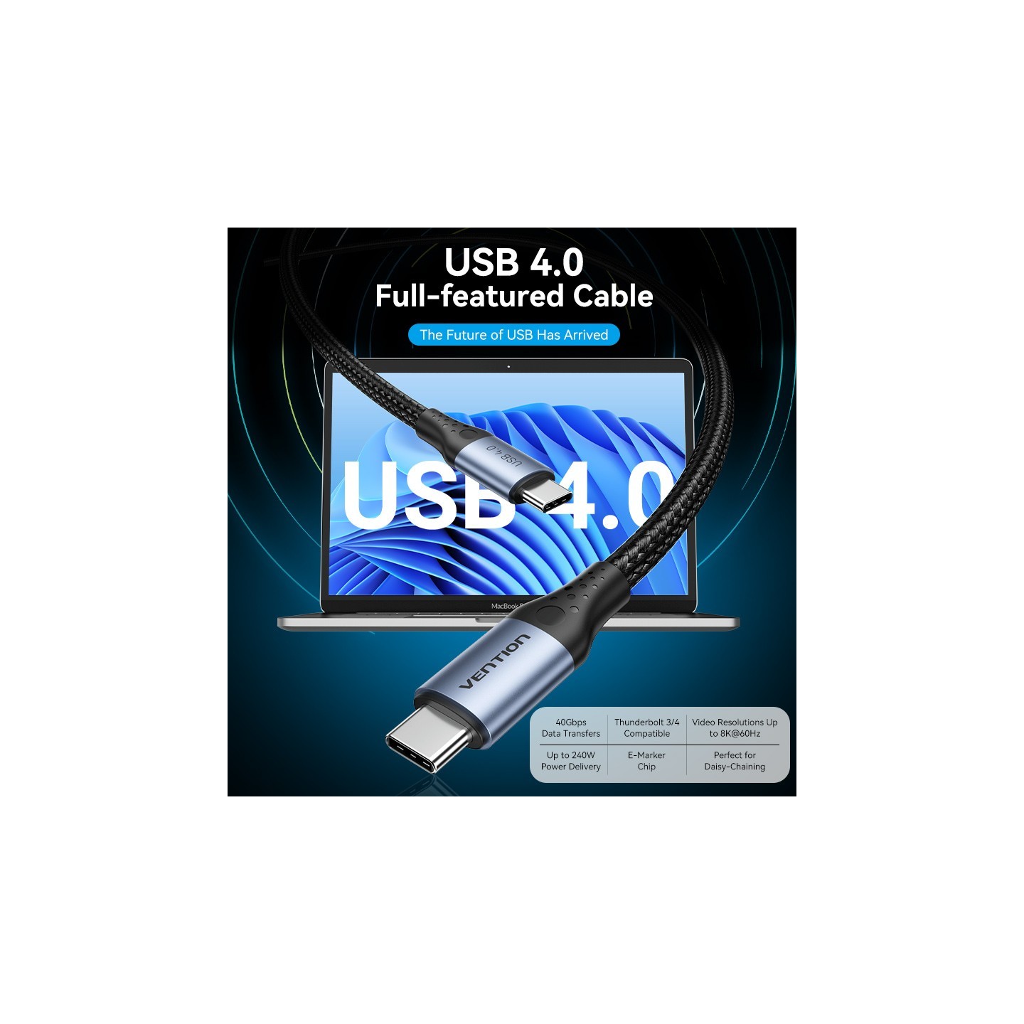 Vention TAVHF USB-C 4.0 M-M 1.0m Braided Aluminium Gray (Boxed) — Buy in Cyprus with Fast Delivery