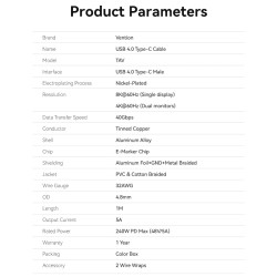 Buy Vention IT Cable - TAVHF - USB-C 4.0 M-M 1.0m Braided Aluminium Gray in Cyprus, Nicosia, Limassol, Larnaka, Pafos