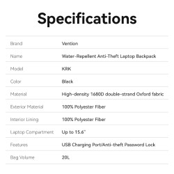 Buy Vention Backpack - KRKB0 - 15.6'' Water-Repellent USB Charge & Lock Black in Cyprus, Nicosia, Limassol, Larnaka, Pafos