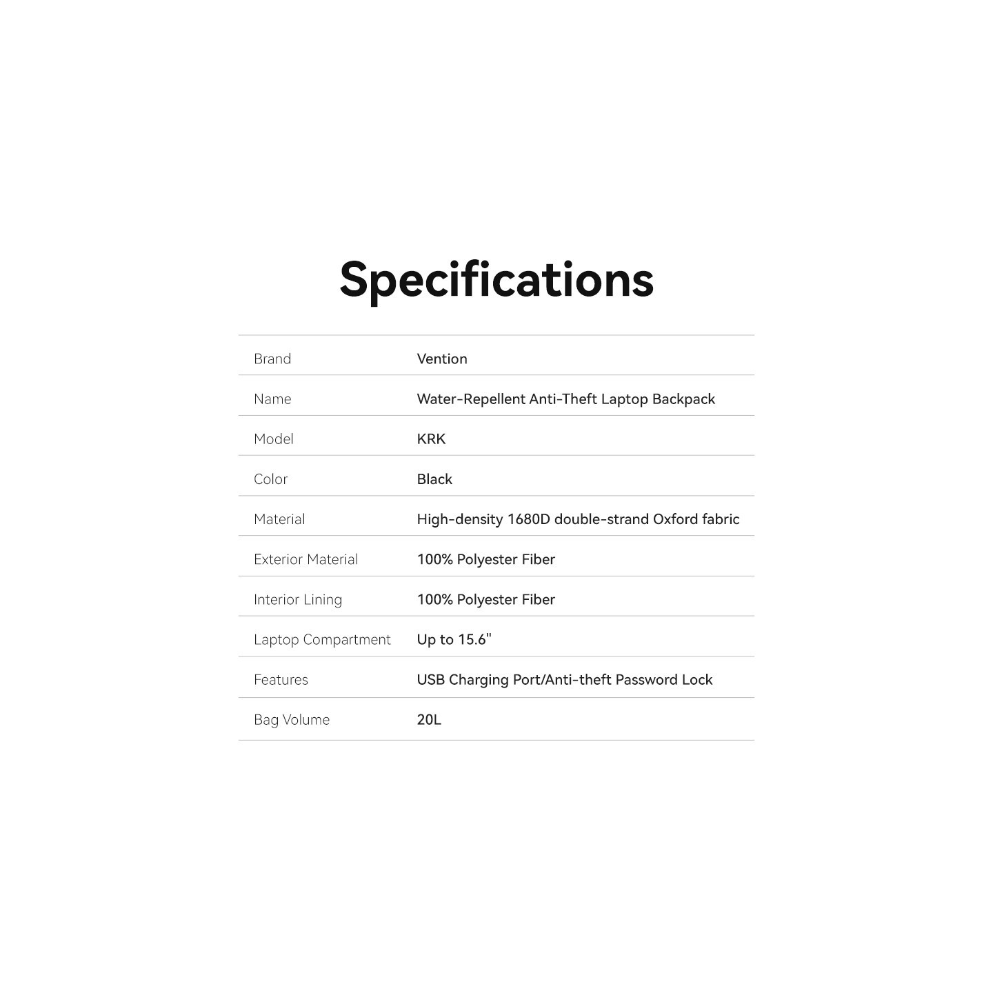 Vention Backpack - KRKB0 - 15.6'' Water-Repellent USB Charge & Lock Black — Buy in Cyprus with Fast Delivery