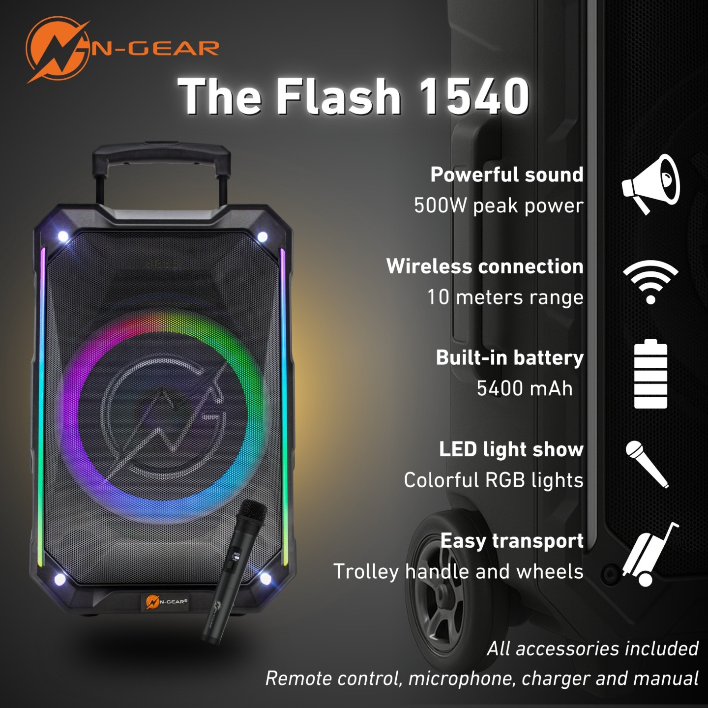 N-Gear Portable Karaoke Speaker - FLASH1540 - 15'' Portable Karaoke Speaker with 1x Wireless Mic LED Lights USB & BT